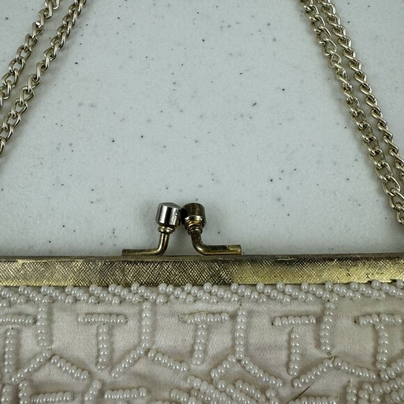 Vtg Mister Ernest Handbag Purse Clutch White Beaded Gold Clasp Gold Chain Prom - Picture 3 of 16